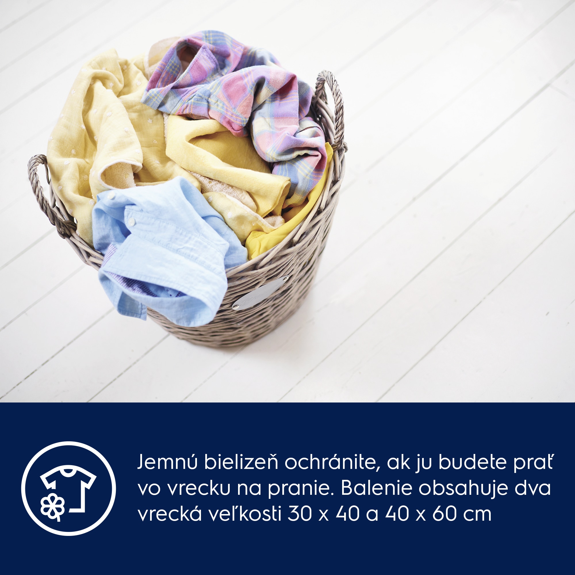 Jemnú bielizeň ochránite, ak ju budete prať vo vrecku na pranie. Balenie obsahuje dva vrecká s veľkosťou 30 x 40 a 40 x 60 cm 
