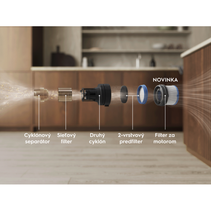 NOVINKA Cyklónový separátor Sieťový filter Druhý cyklón 2-vrstvový predfilter Filter za motorom