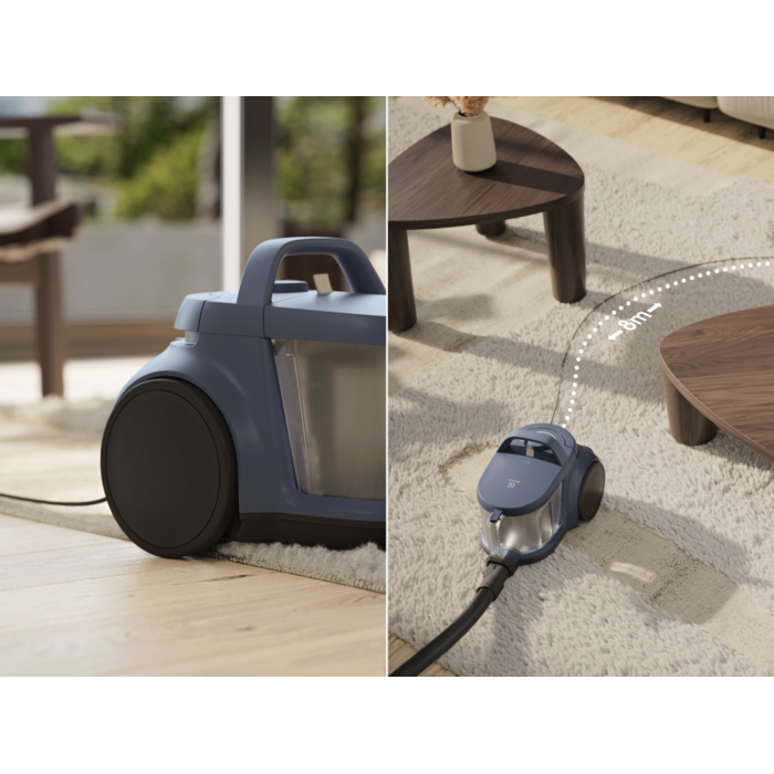 Easy to move, Easy to store, Big wheels and 9m cord for high mobility. Compact for easy storage