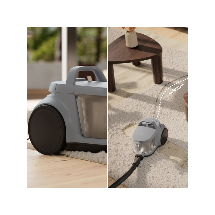 Easy to move, Easy to store, Big wheels and 9m cord for high mobility. Compact for easy storage