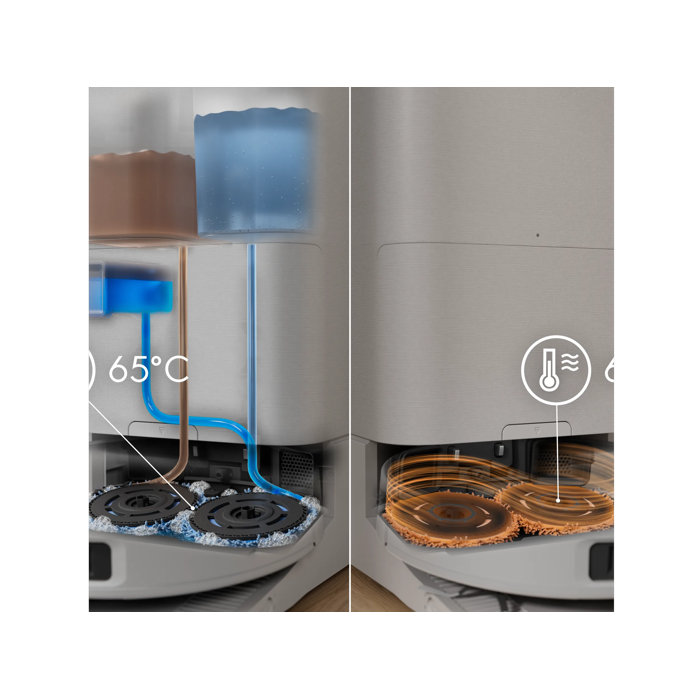 Self-cleaning system uses hot water, hot air and detergent