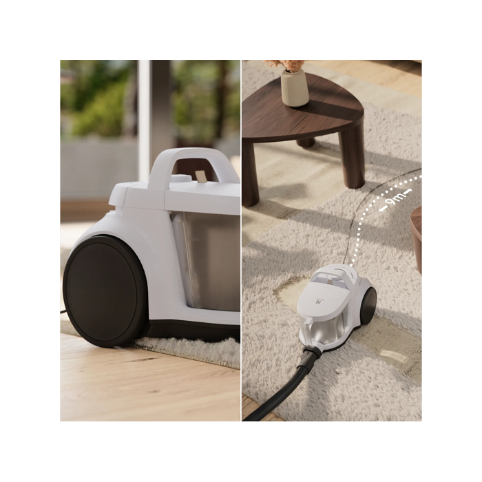 Easy to move, Easy to store, Big wheels and 9m cord for high mobility. Compact for easy storage