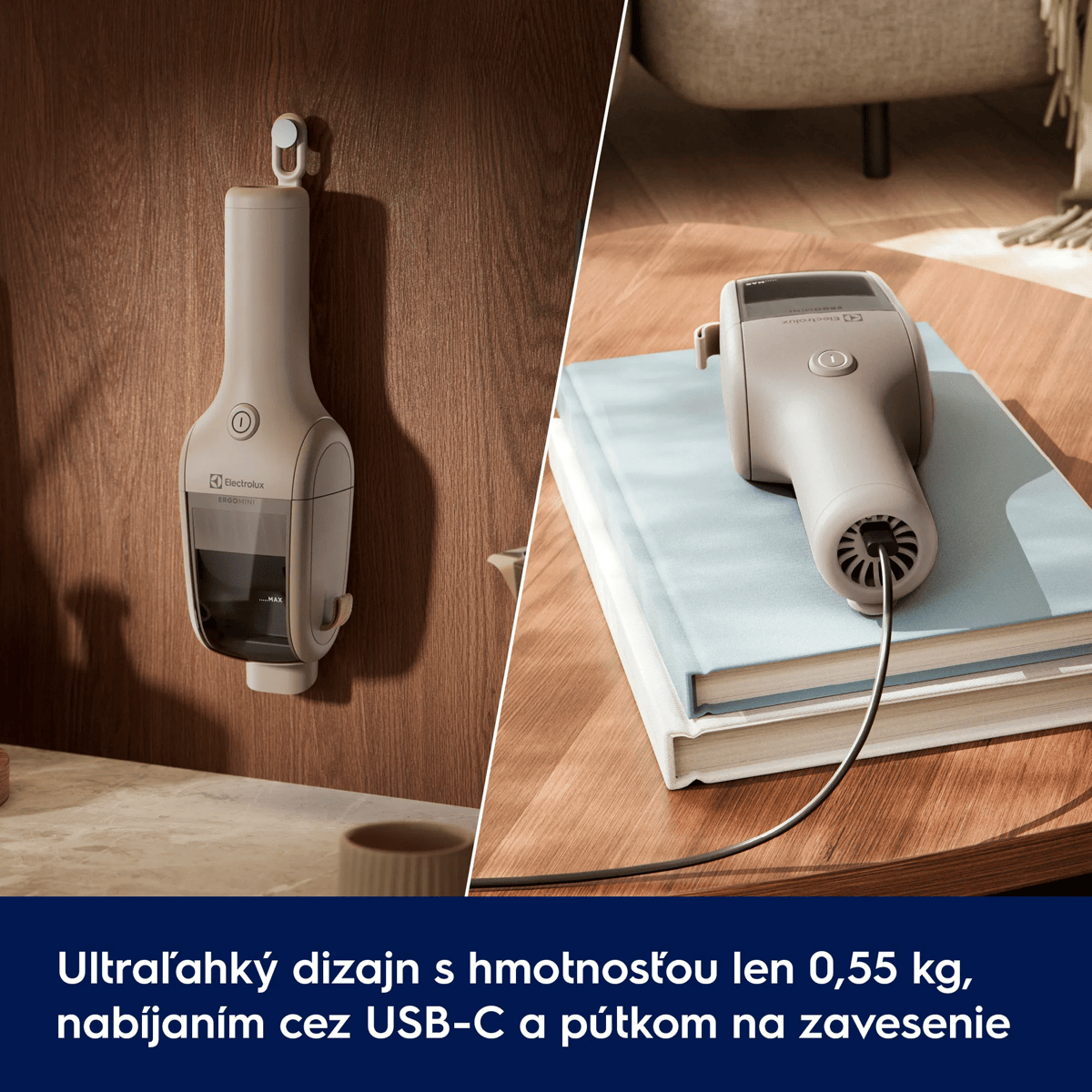 Ultraľahký dizajn s hmotnosťou len 0,55 kg, nabíjaním cez USB-C a háčikom na zavesenie.