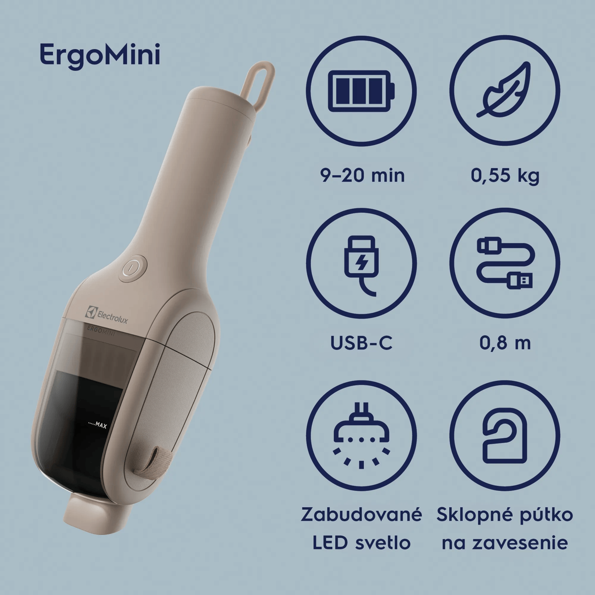 9 – 20 min 0,55 kg USB-C 0,8 m Zabudované LED svetlo Sklopné pútko na zavesenie