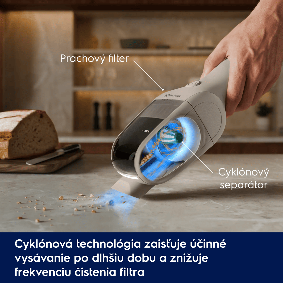 Cyklónová technológia pomáha dlhodobo udržať silný sací výkon a znižuje frekvenciu čistenia filtra      Prachový filter Cyklónový separátor