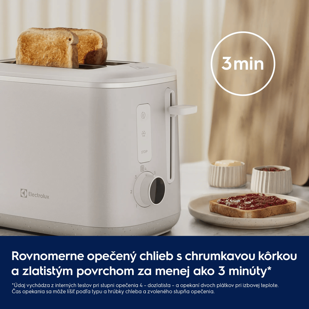 Rovnomerne opečený chlieb s chrumkavou kôrkou a zlatistým povrchom za menej ako 3 minúty*      Údaj vychádza z interných testov pri stupni opečenia 4 – dozlatista – a opekaní dvoch plátkov pri izbovej teplote. Čas opekania sa môže líšiť podľa typu a hrúbky chleba a zvoleného stupňa opečenia