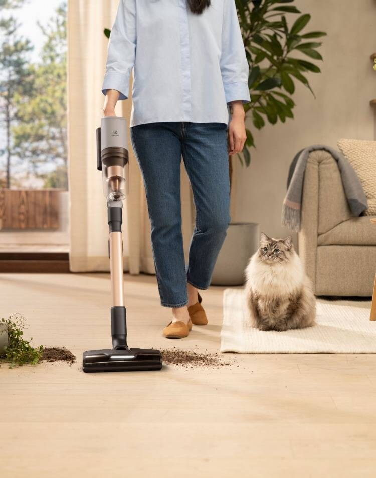 Woman vacuuming floor in a living room with a cat next to her.
